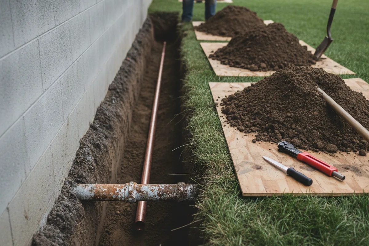 Excavated water line trench during Water Heater Repair in Iselin